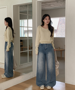【丈別】スリットラインワイドロングデニム MID DENIM