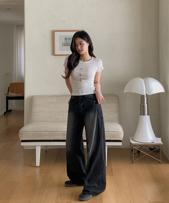 【丈別】スリットラインワイドロングデニム BLACK DENIM