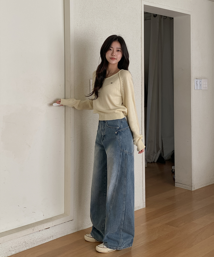 【丈別】スリットラインワイドロングデニム MID DENIM