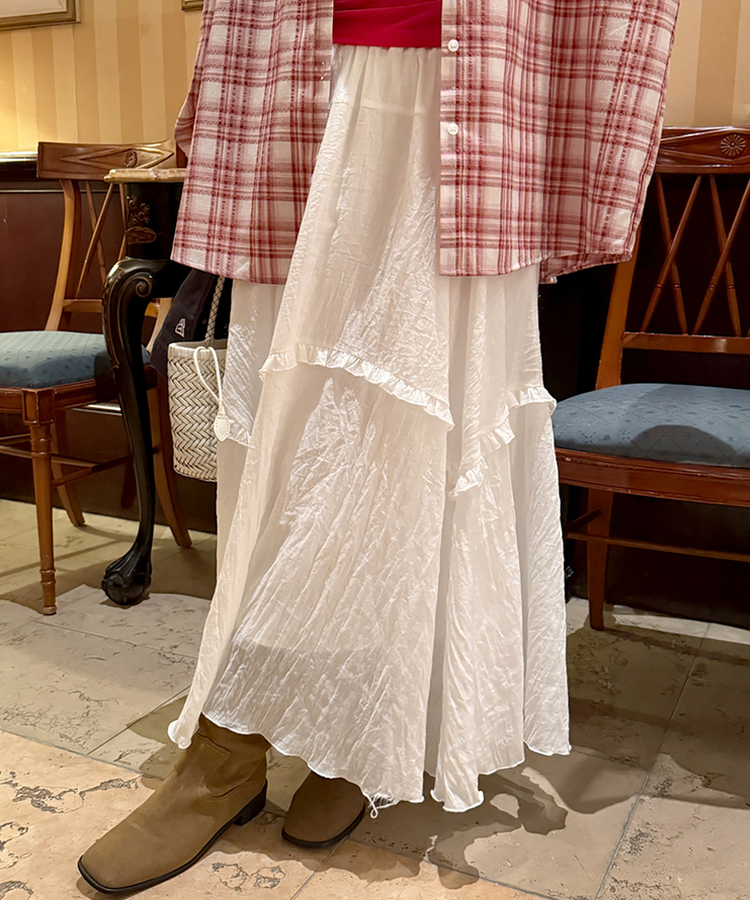 アンバランスフリルロングスカート IVORY