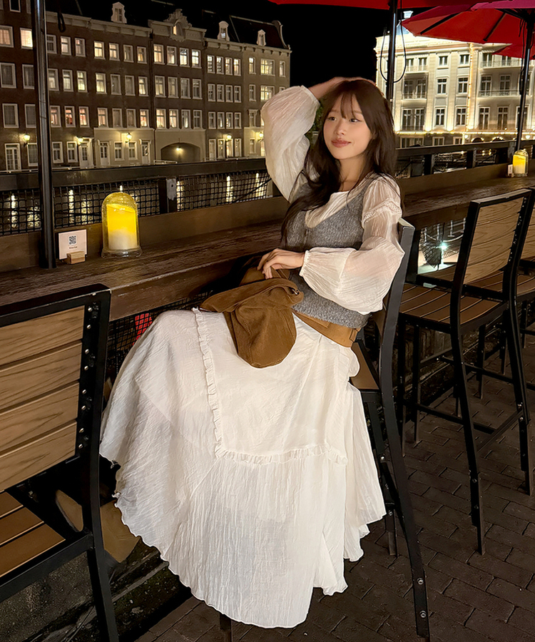 アンバランスフリルロングスカート IVORY