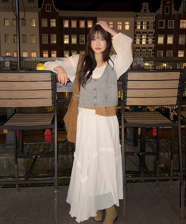 アンバランスフリルロングスカート IVORY