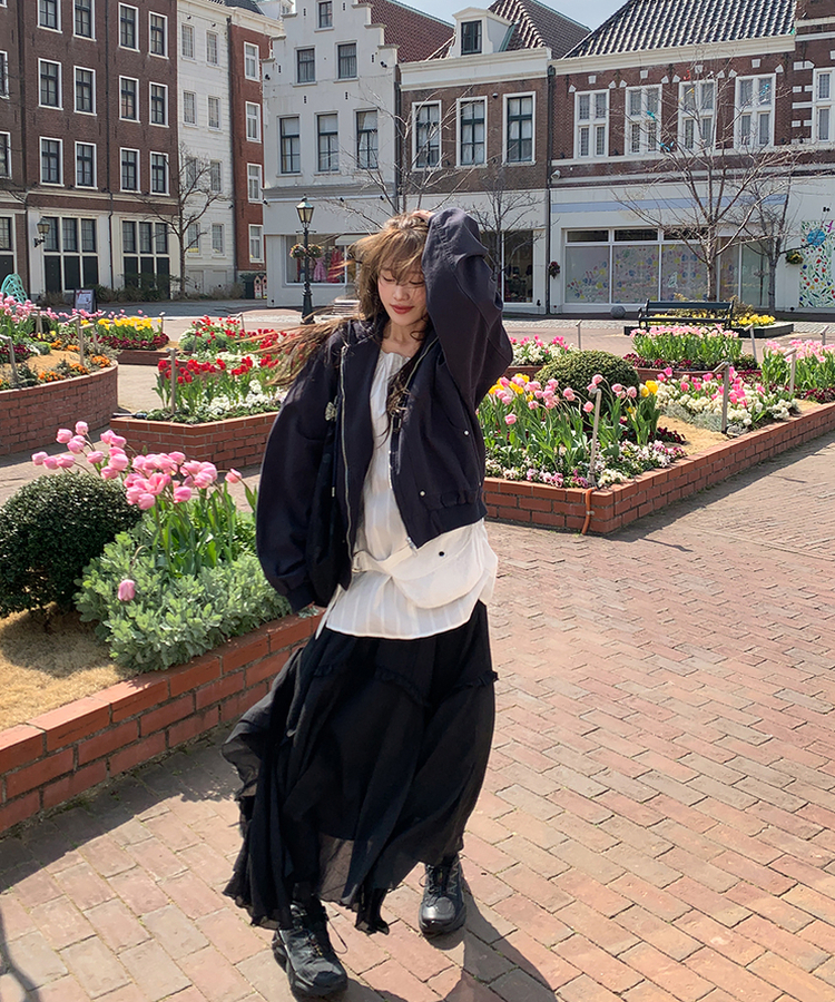 アンバランスフリルロングスカート BLACK