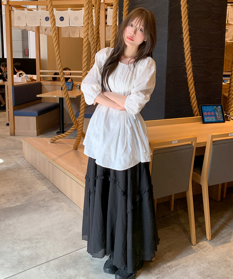 アンバランスフリルロングスカート BLACK