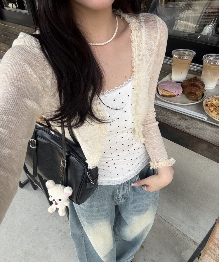 웨이브 레이스 볼레로 가디건 연베이지