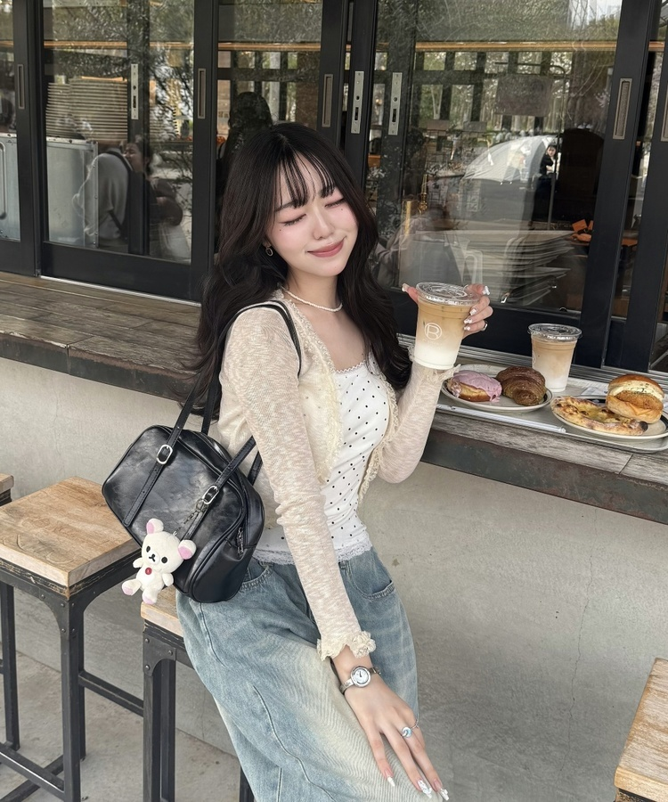 웨이브 레이스 볼레로 가디건 연베이지