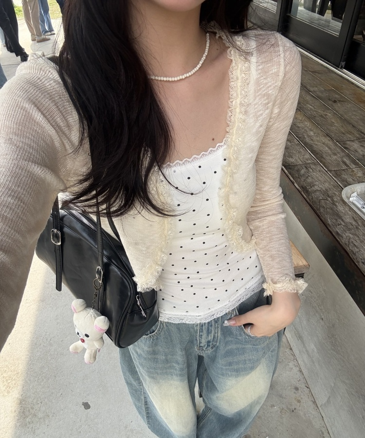 웨이브 레이스 볼레로 가디건 연베이지