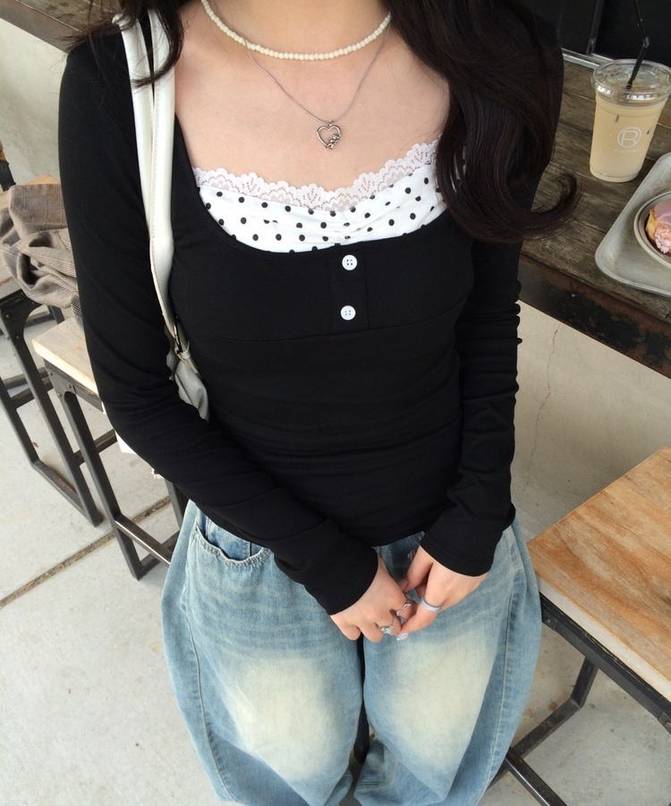 도트 셔링 일체형 긴팔 티셔츠 블랙