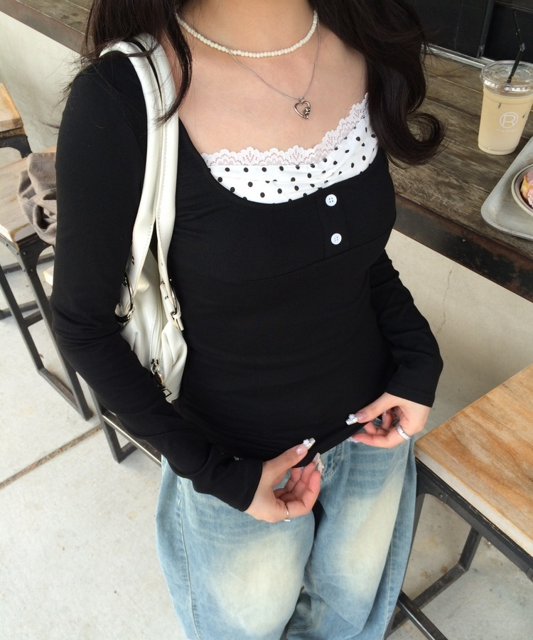 도트 셔링 일체형 긴팔 티셔츠 블랙