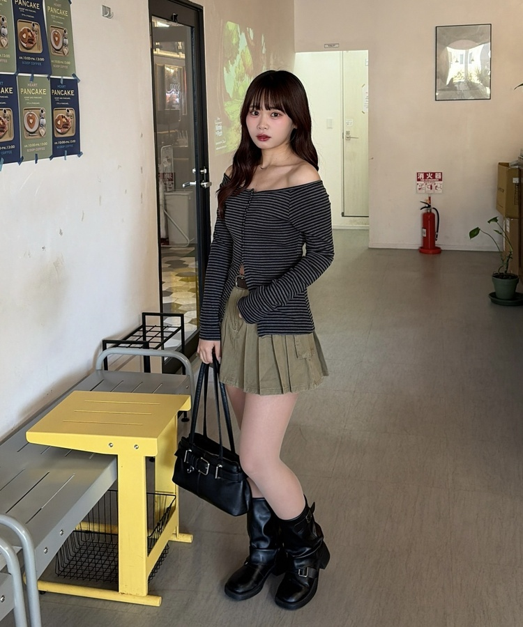 ボーダーオフショルカーディガン BLACK