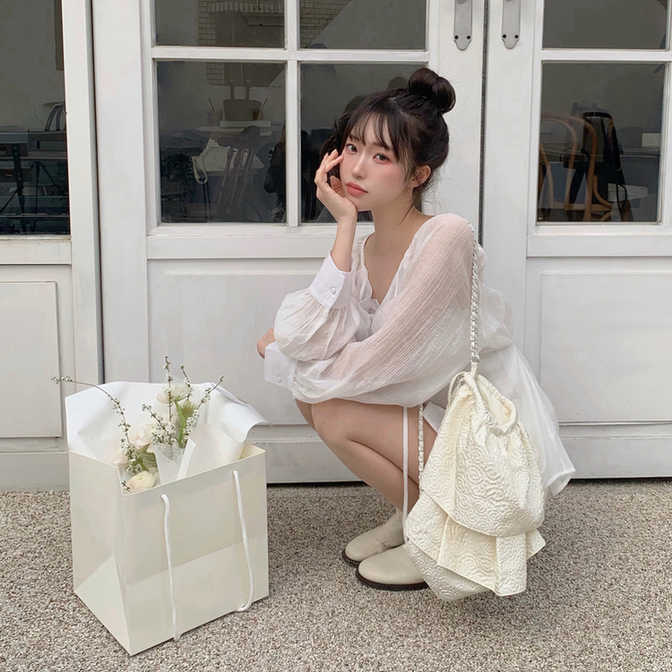 【SET】シフォンシースルーブラウス スカート IVORY