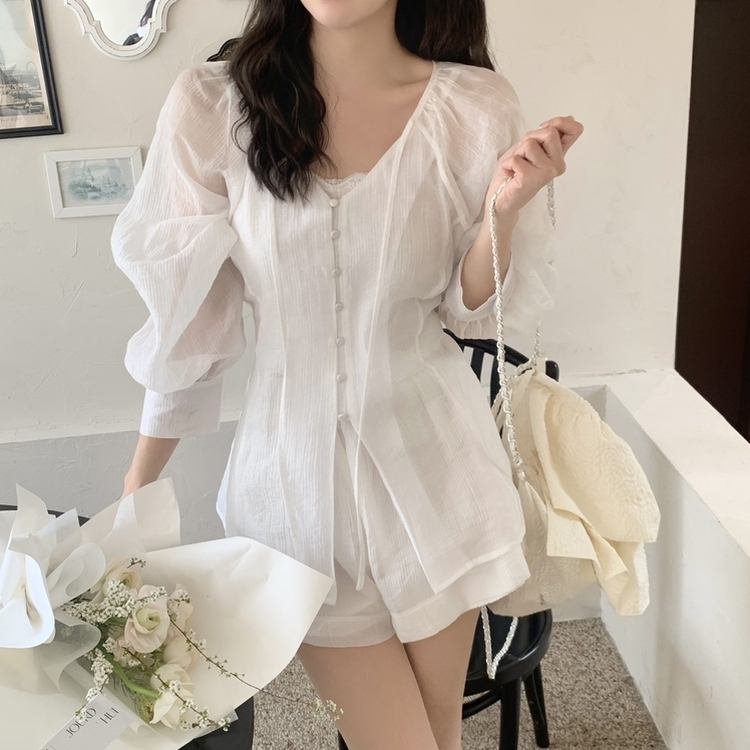 【SET】シフォンシースルーブラウス スカート IVORY