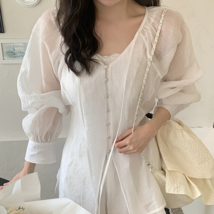 【SET】シフォンシースルーブラウス スカート IVORY