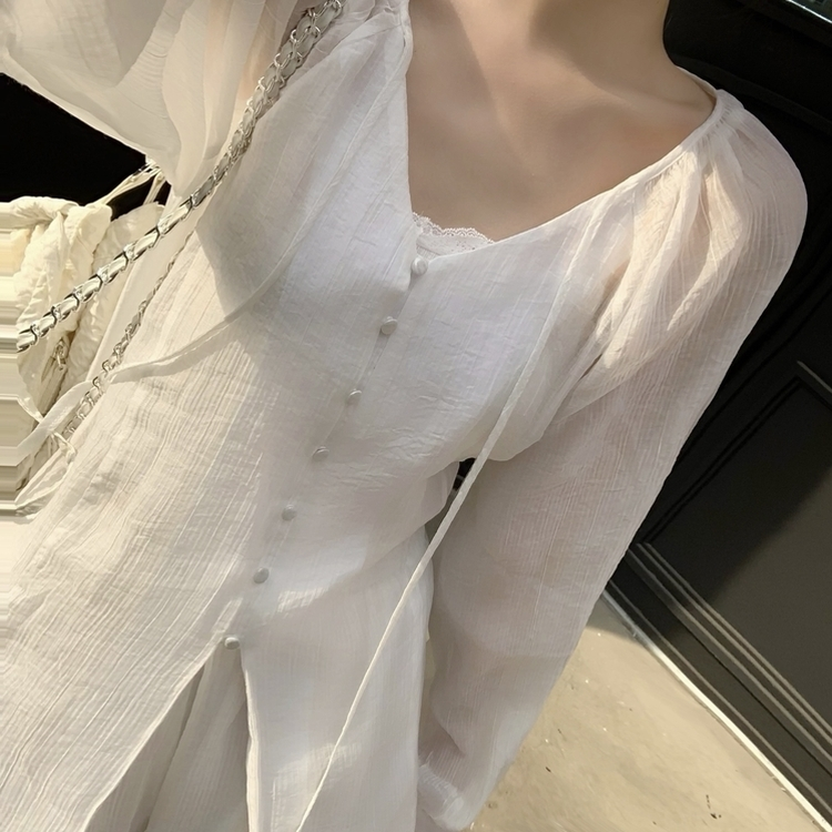 【SET】シフォンシースルーブラウス スカート IVORY
