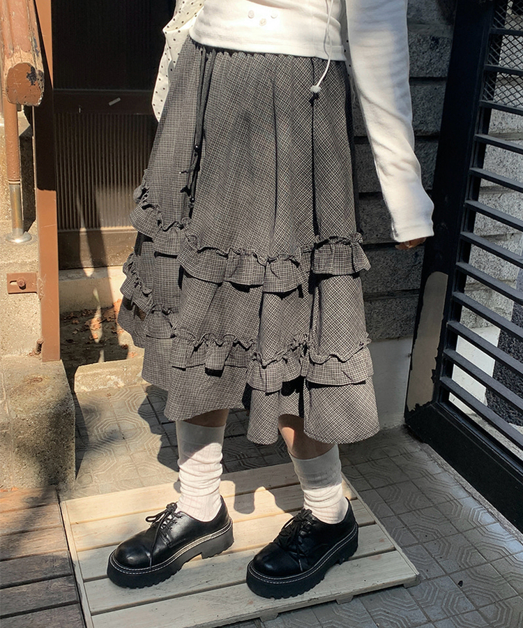 フリルチェックミディスカート BLACK