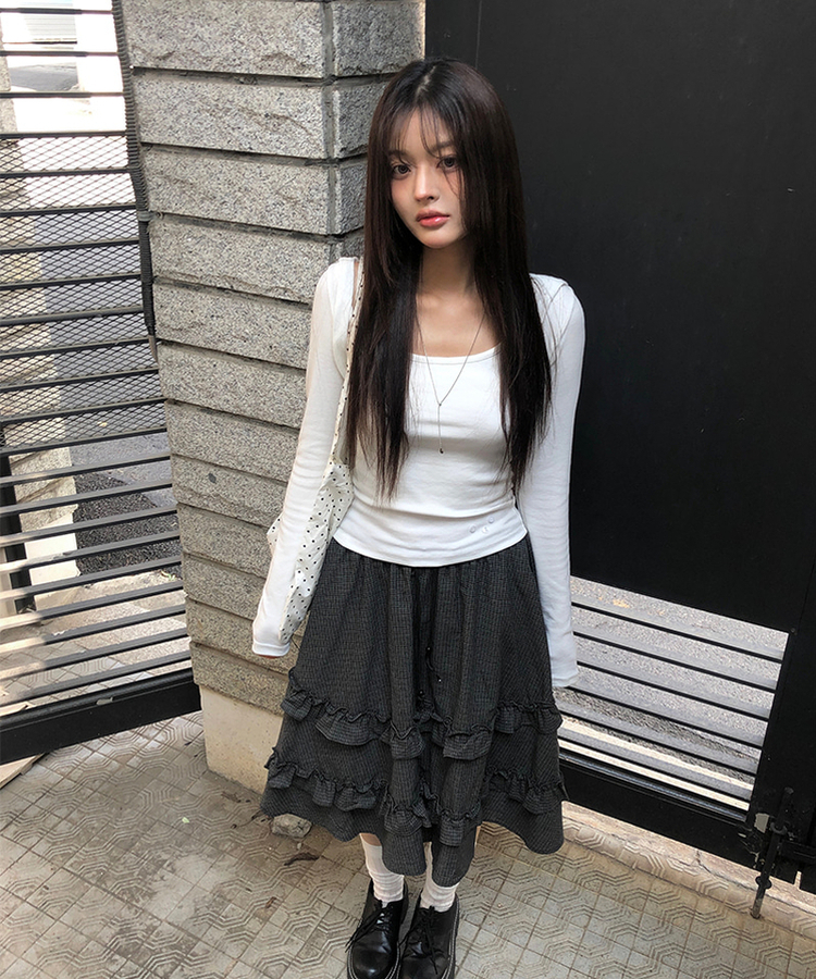 フリルチェックミディスカート BLACK
