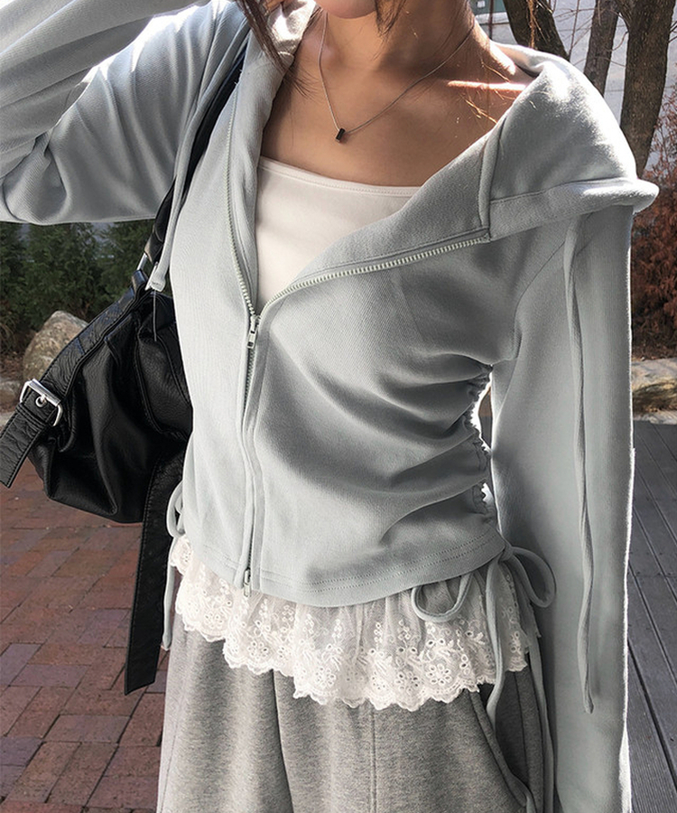 【SET】レースキャミソール シャーリングフードジップアップ SKY BLUE