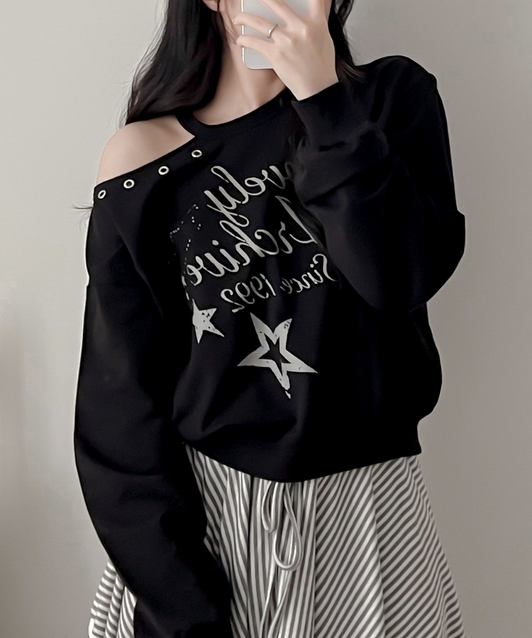 カットオフショルダートレーナー BLACK