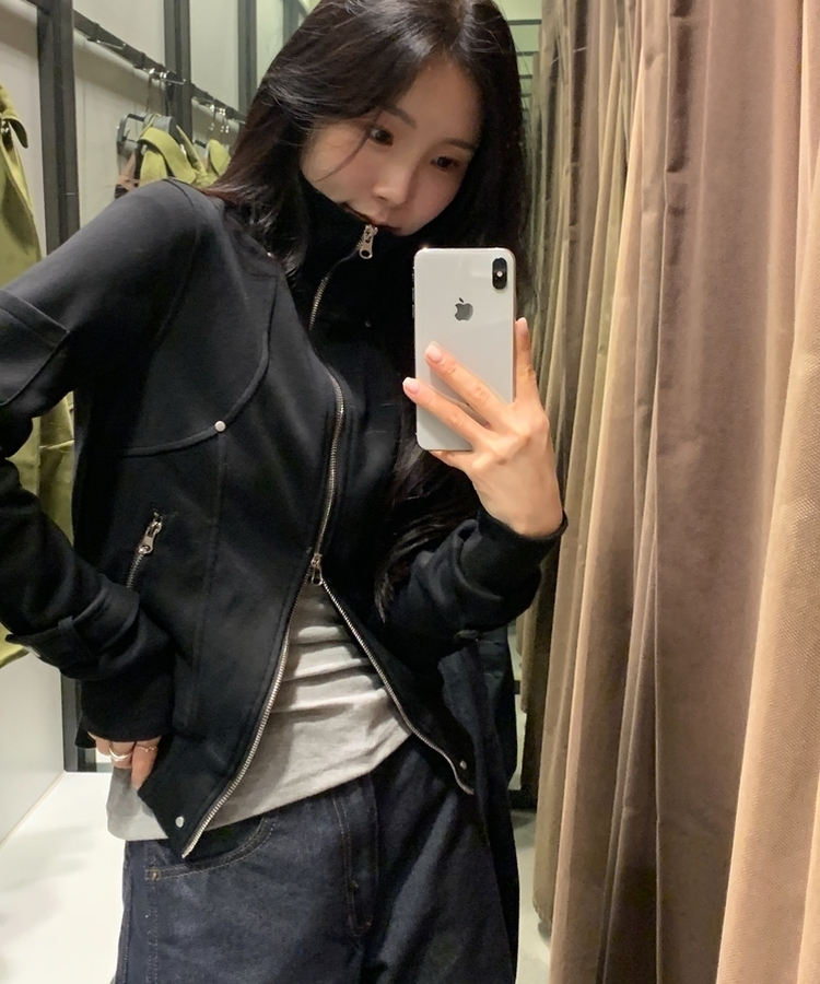 ラインピンタックジップアップジャンパー BLACK