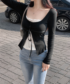 フリルレイヤードカーディガンTシャツ BLACK