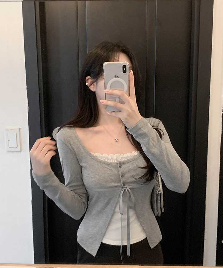 フリルレイヤードカーディガンTシャツ GRAY