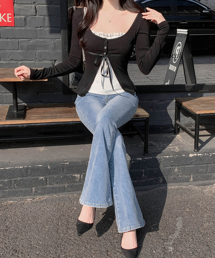 フリルレイヤードカーディガンTシャツ BLACK