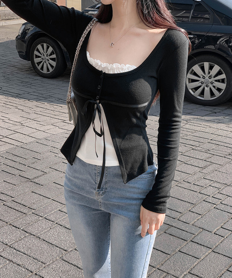 フリルレイヤードカーディガンTシャツ BLACK