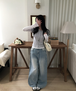 【SET】ドット半袖カーディガン＋レイヤードTシャツ GREY