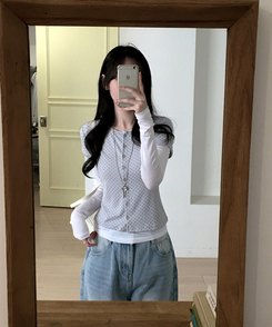 【SET】ドット半袖カーディガン＋レイヤードTシャツ GREY