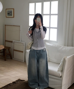 【SET】ドット半袖カーディガン＋レイヤードTシャツ GREY