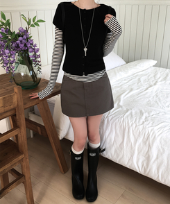 【SET】ドット半袖カーディガン＋レイヤードTシャツ BLACK