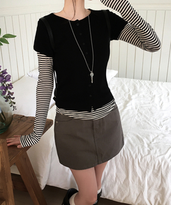 【SET】ドット半袖カーディガン＋レイヤードTシャツ BLACK