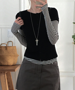 【SET】ドット半袖カーディガン＋レイヤードTシャツ BLACK