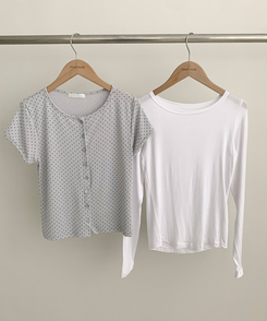 【SET】ドット半袖カーディガン＋レイヤードTシャツ