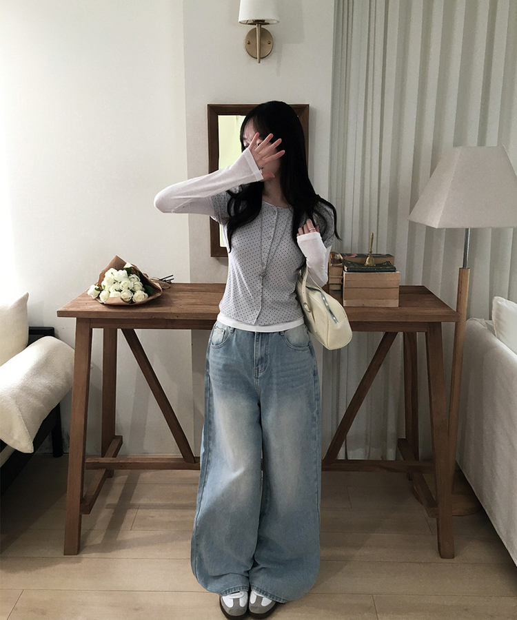 【SET】ドット半袖カーディガン＋レイヤードTシャツ GREY