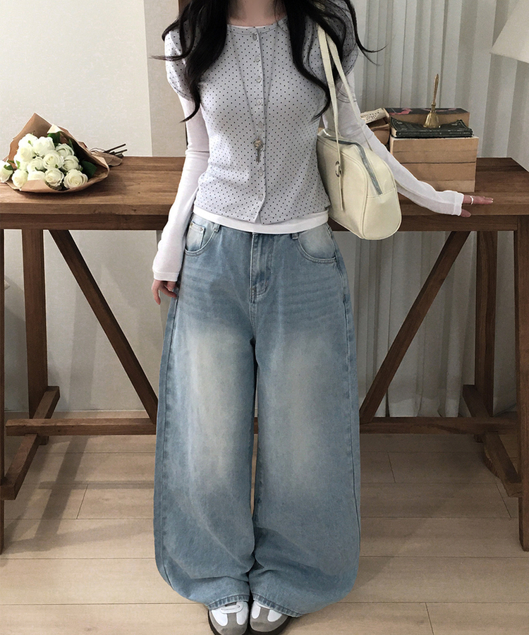 【SET】ドット半袖カーディガン＋レイヤードTシャツ GREY