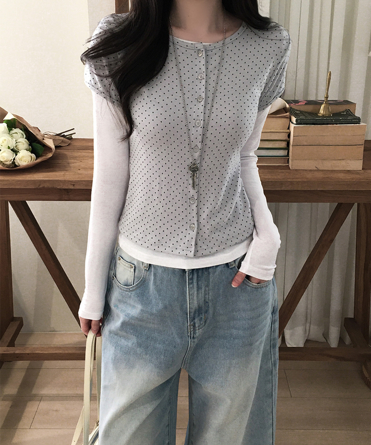 【SET】ドット半袖カーディガン＋レイヤードTシャツ GREY