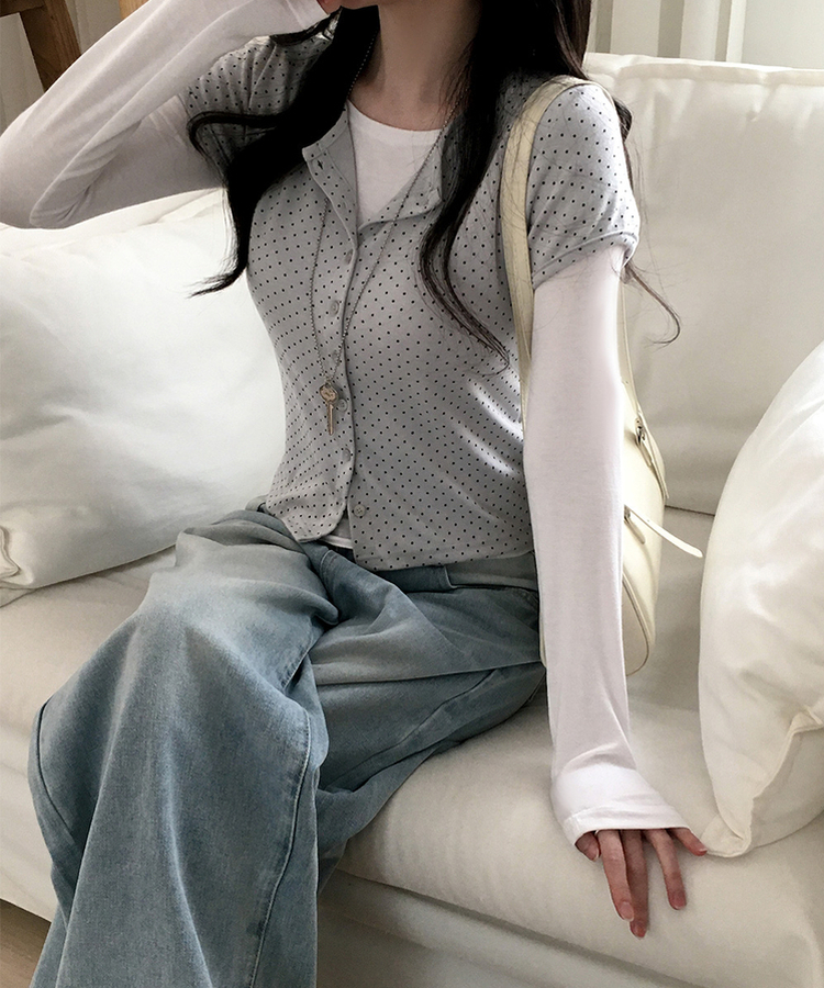 【SET】ドット半袖カーディガン＋レイヤードTシャツ GREY