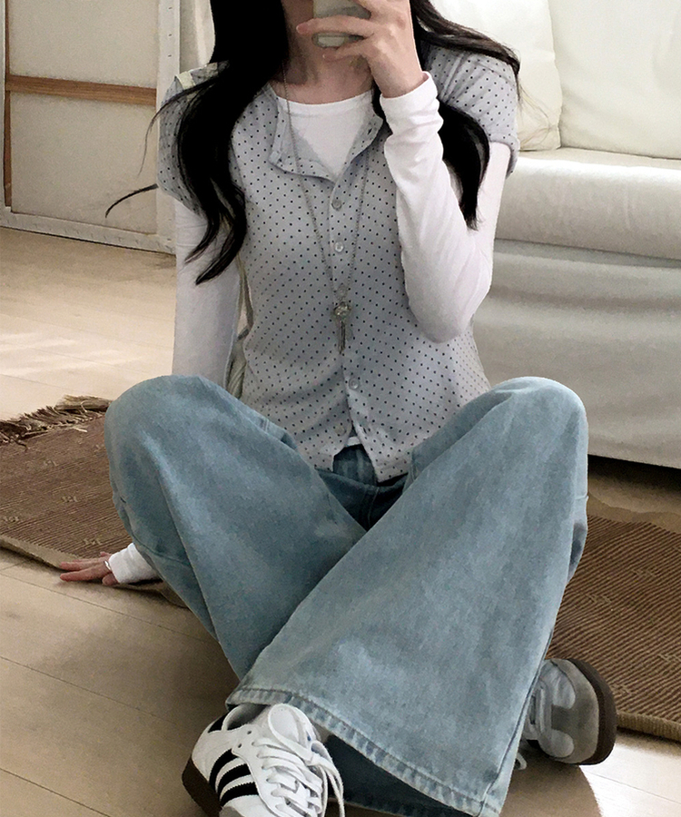 【SET】ドット半袖カーディガン＋レイヤードTシャツ GREY