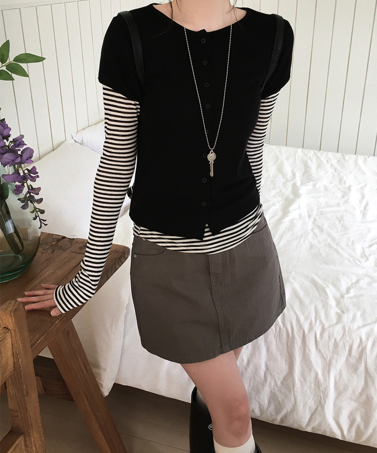 【SET】ドット半袖カーディガン＋レイヤードTシャツ BLACK