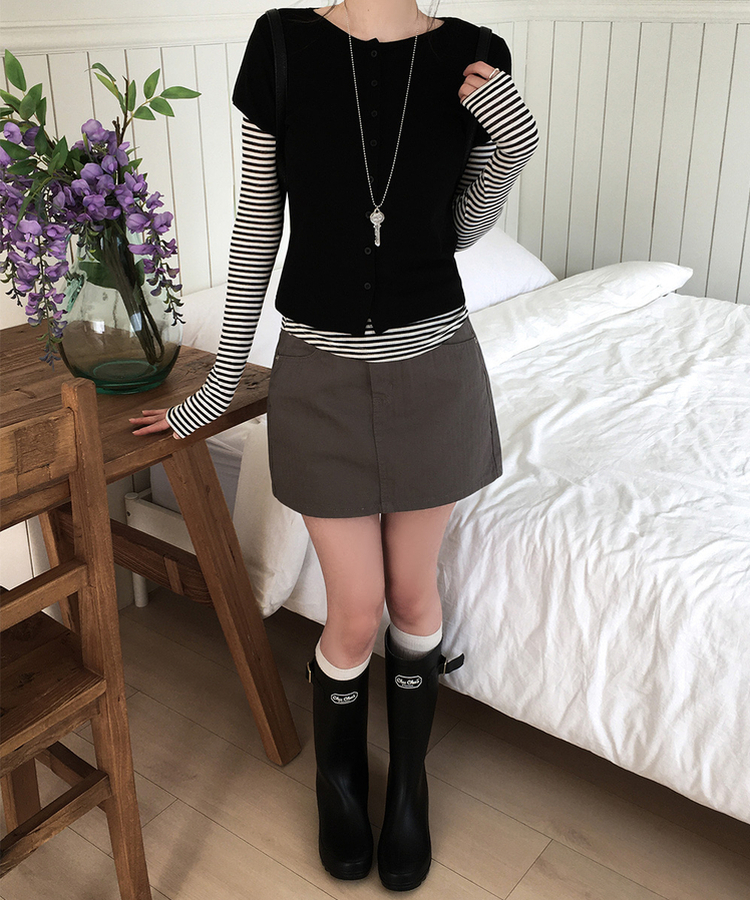 【SET】ドット半袖カーディガン＋レイヤードTシャツ BLACK