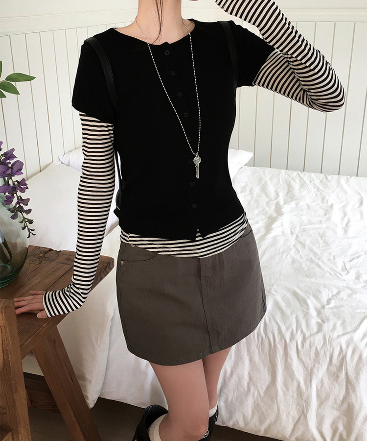 【SET】ドット半袖カーディガン＋レイヤードTシャツ BLACK