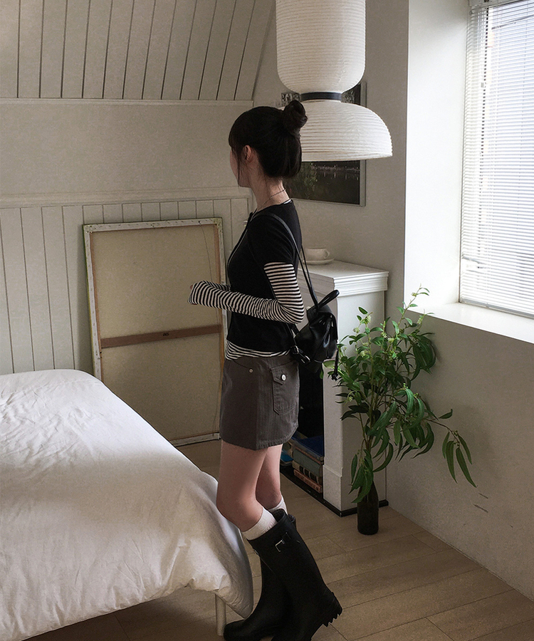 【SET】ドット半袖カーディガン＋レイヤードTシャツ BLACK