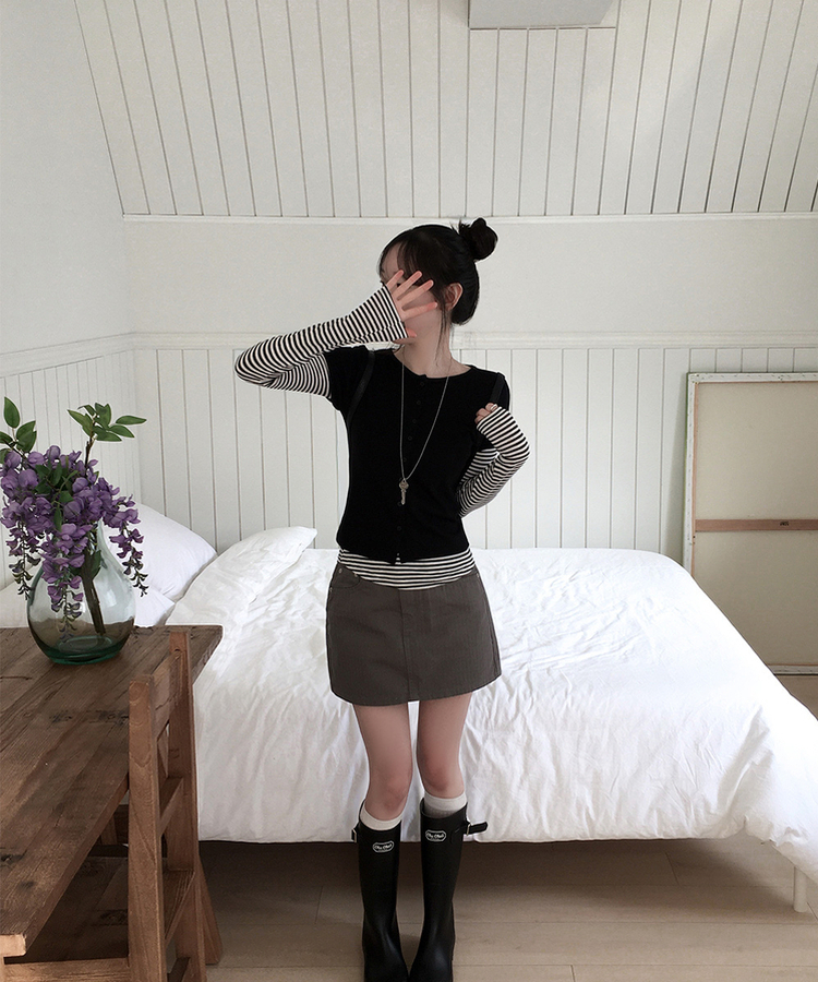 【SET】ドット半袖カーディガン＋レイヤードTシャツ BLACK