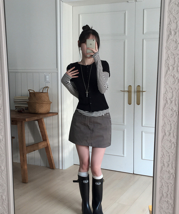 【SET】ドット半袖カーディガン＋レイヤードTシャツ BLACK