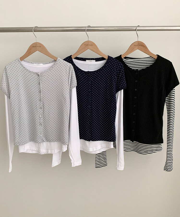 【SET】ドット半袖カーディガン＋レイヤードTシャツ