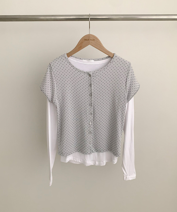 【SET】ドット半袖カーディガン＋レイヤードTシャツ