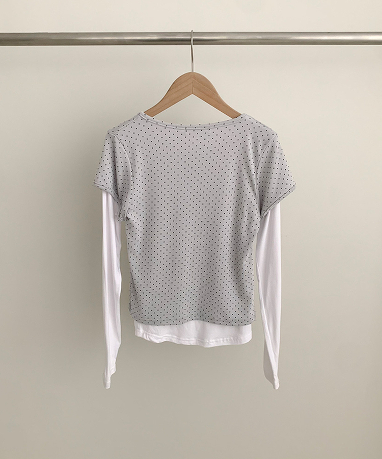 【SET】ドット半袖カーディガン＋レイヤードTシャツ