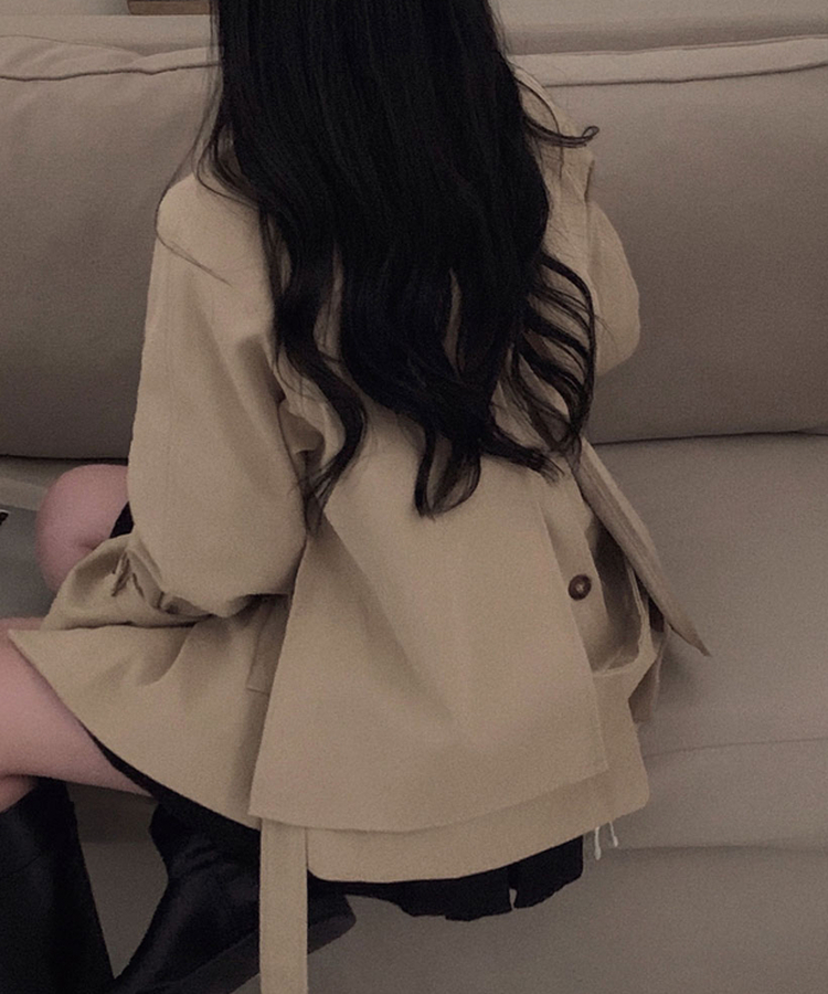 스튜디오 백버튼 하이넥 숏 트렌치 코트 자켓 진베이지