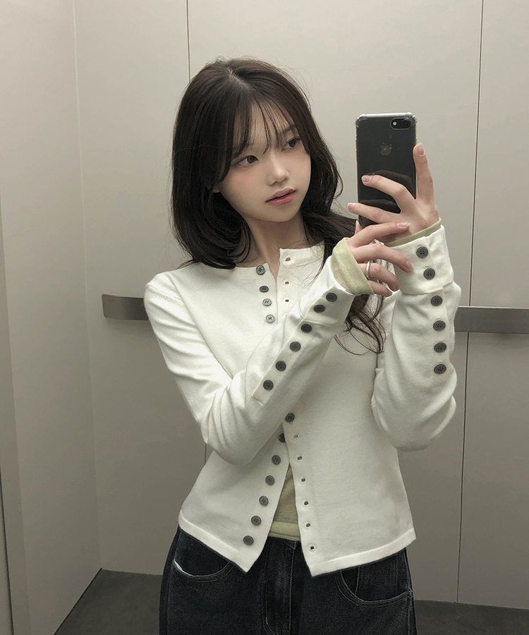 ボタンスリムフィット長袖カーディガン WHITE